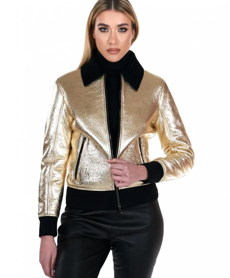 Donna D'Arienzo G155 - Bomber in montone color oro laminato effetto liscio