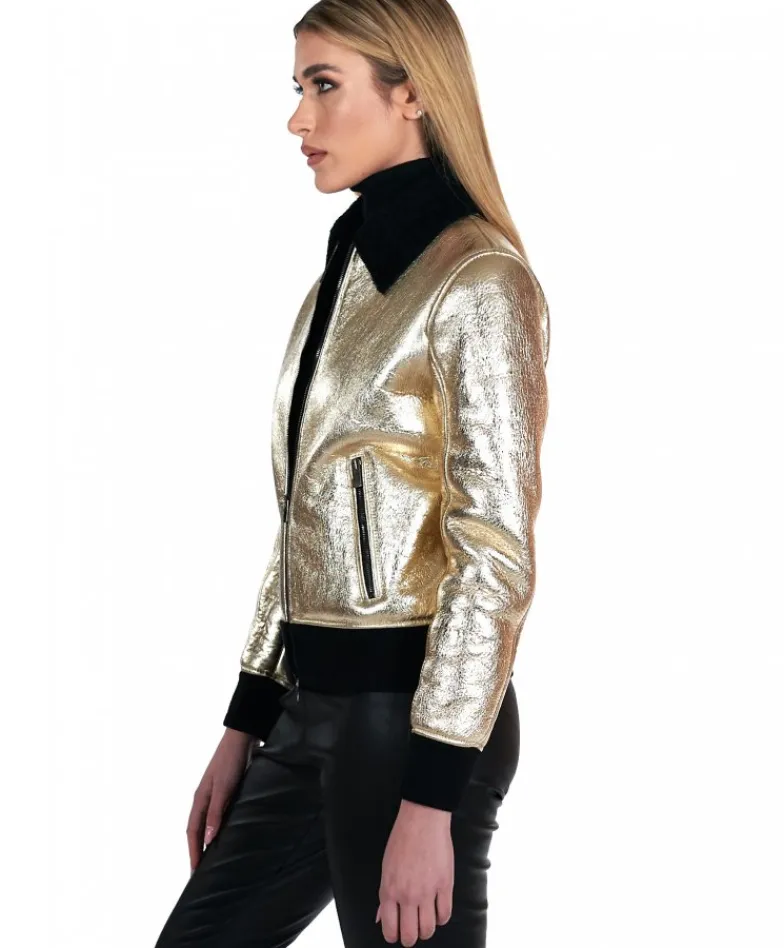 Donna D'Arienzo G155 - Bomber in montone color oro laminato effetto liscio