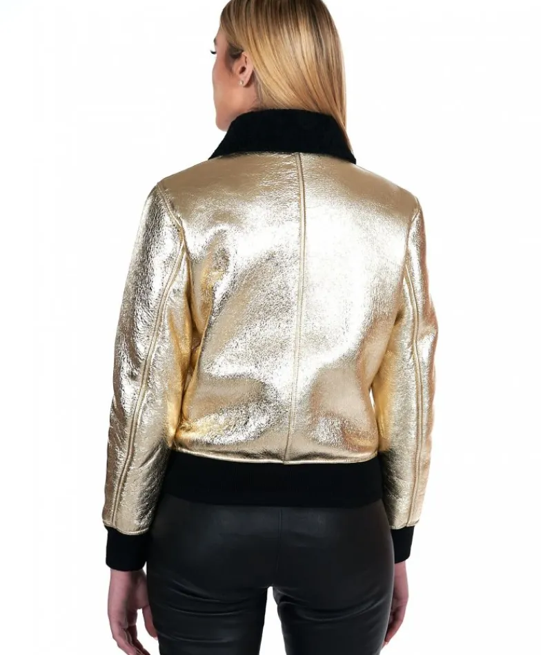 Donna D'Arienzo G155 - Bomber in montone color oro laminato effetto liscio