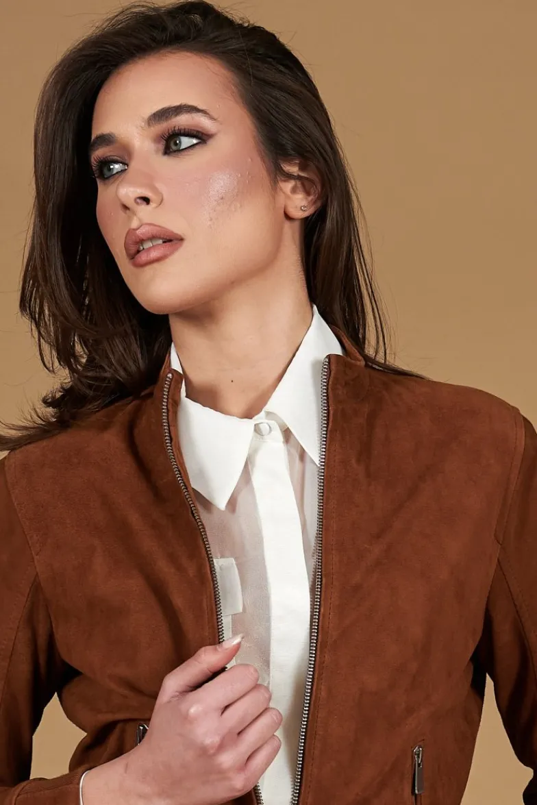 Donna D'Arienzo G154 - Bomber in pelle camoscio cuoio colletto coreana
