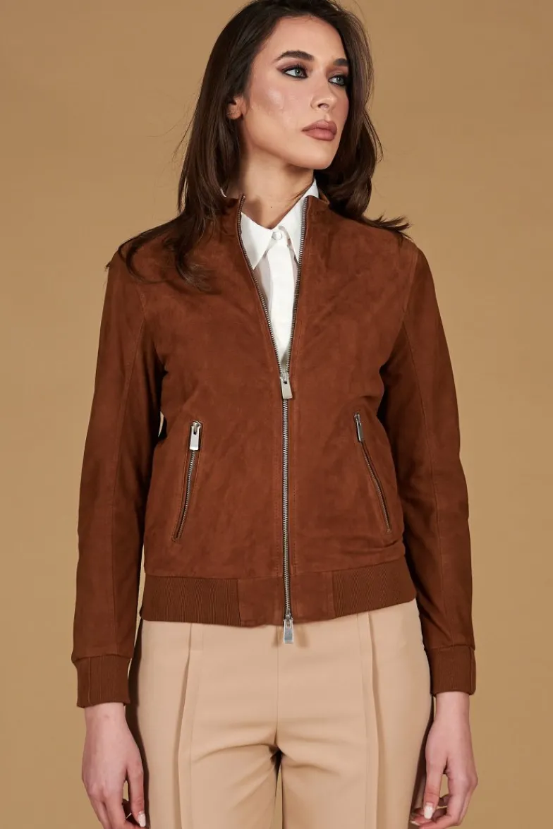 Donna D'Arienzo G154 - Bomber in pelle camoscio cuoio colletto coreana