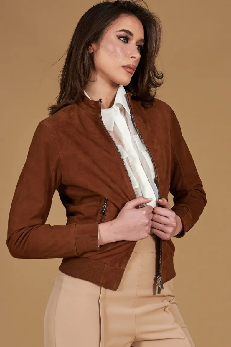 Donna D'Arienzo G154 - Bomber in pelle camoscio cuoio colletto coreana