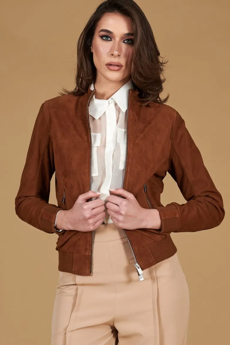 Donna D'Arienzo G154 - Bomber in pelle camoscio cuoio colletto coreana