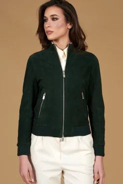 Donna D'Arienzo G154 - Bomber in pelle camoscio verde colletto coreana