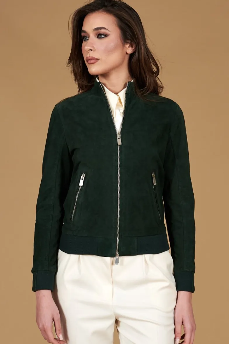 Donna D'Arienzo G154 - Bomber in pelle camoscio verde colletto coreana