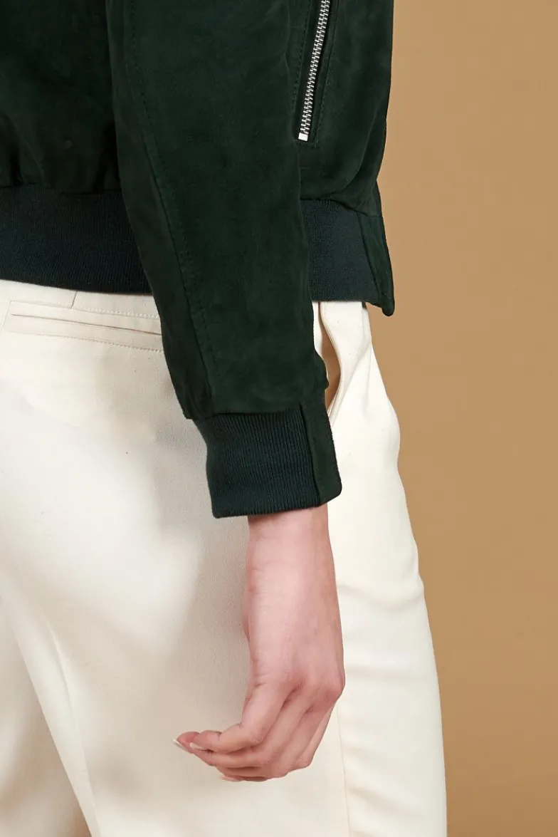 Donna D'Arienzo G154 - Bomber in pelle camoscio verde colletto coreana
