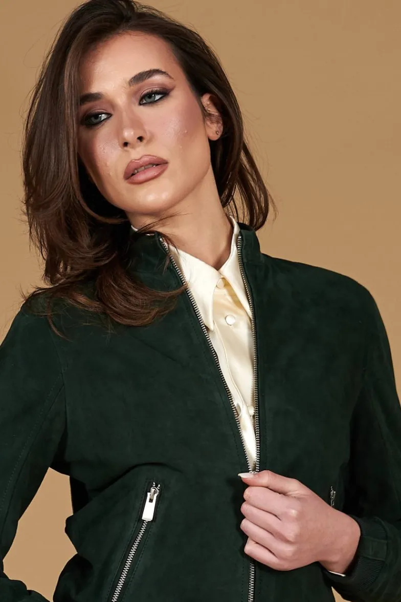 Donna D'Arienzo G154 - Bomber in pelle camoscio verde colletto coreana