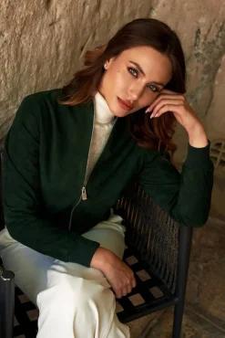 Donna D'Arienzo G154 - Bomber in pelle camoscio verde colletto coreana