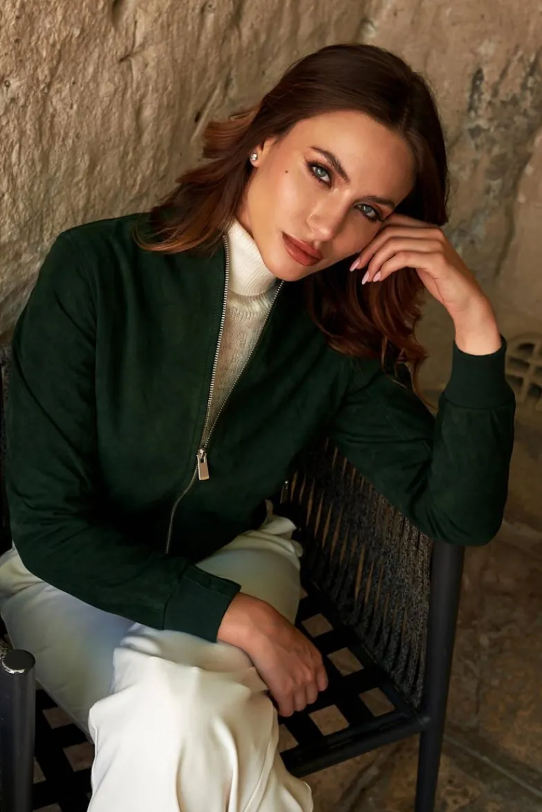 Donna D'Arienzo G154 - Bomber in pelle camoscio verde colletto coreana