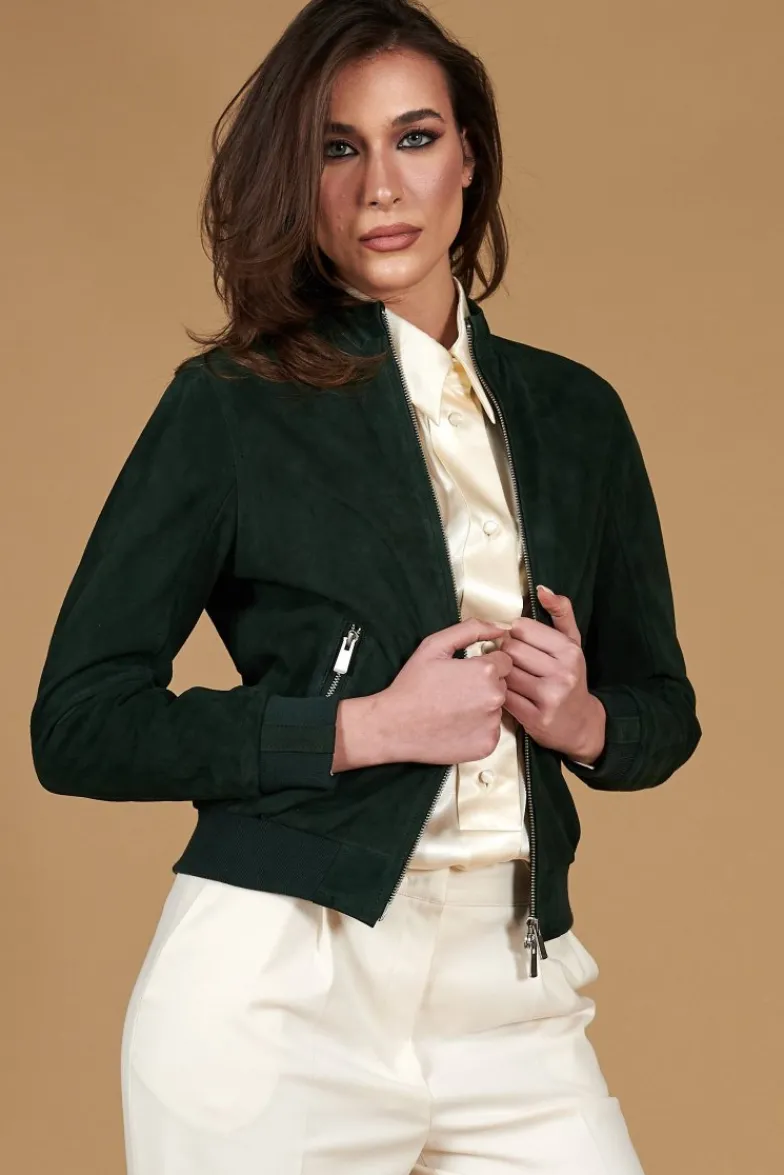 Donna D'Arienzo G154 - Bomber in pelle camoscio verde colletto coreana