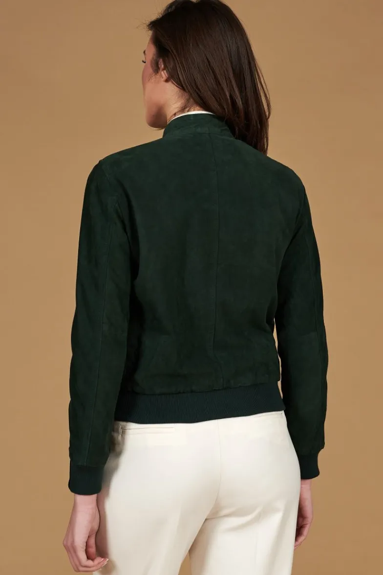 Donna D'Arienzo G154 - Bomber in pelle camoscio verde colletto coreana