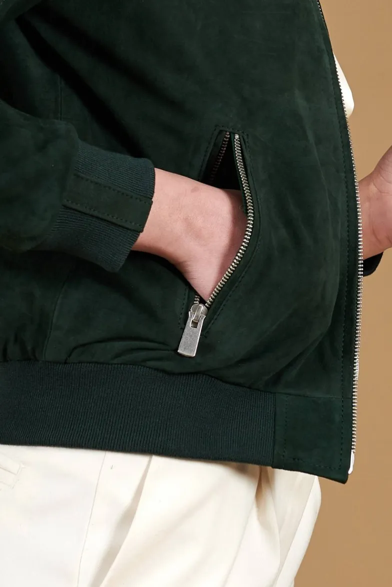 Donna D'Arienzo G154 - Bomber in pelle camoscio verde colletto coreana