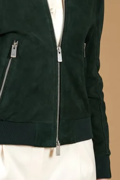 Donna D'Arienzo G154 - Bomber in pelle camoscio verde colletto coreana