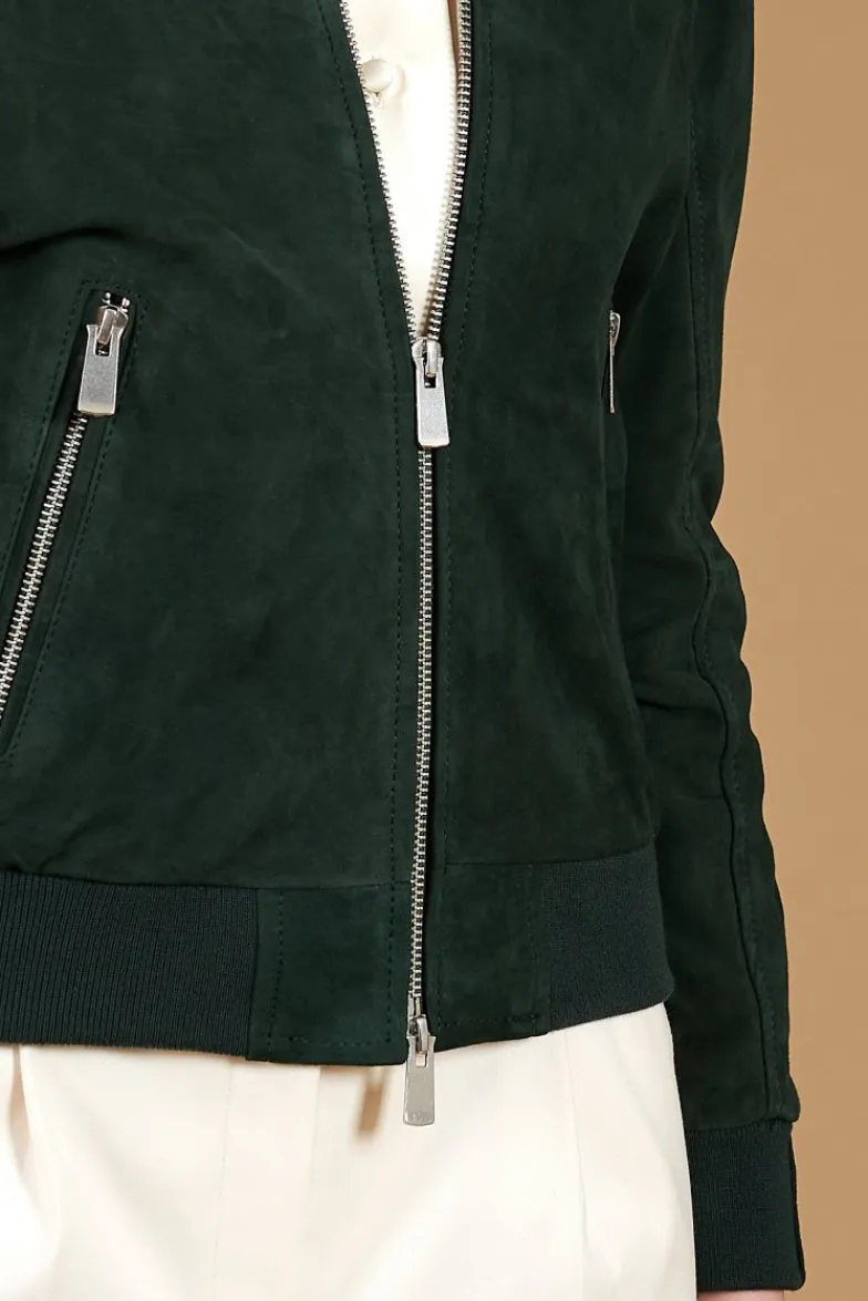 Donna D'Arienzo G154 - Bomber in pelle camoscio verde colletto coreana