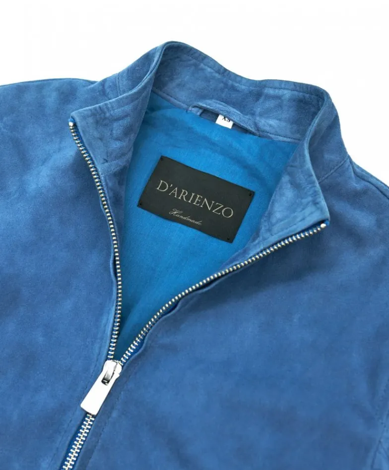 Donna D'Arienzo G154 - Bomber in pelle camoscio blu denim colletto coreana