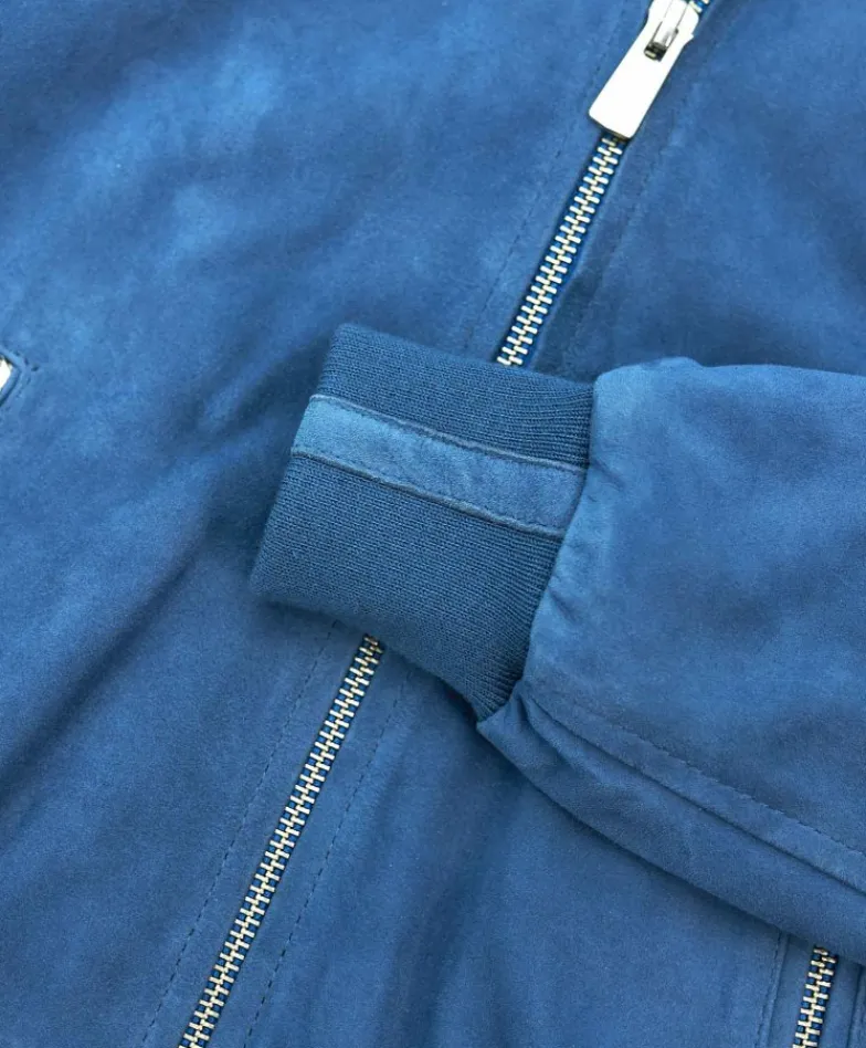 Donna D'Arienzo G154 - Bomber in pelle camoscio blu denim colletto coreana