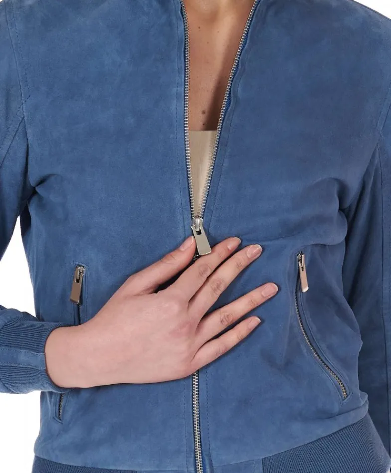 Donna D'Arienzo G154 - Bomber in pelle camoscio blu denim colletto coreana