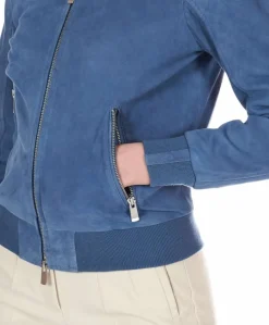 Donna D'Arienzo G154 - Bomber in pelle camoscio blu denim colletto coreana