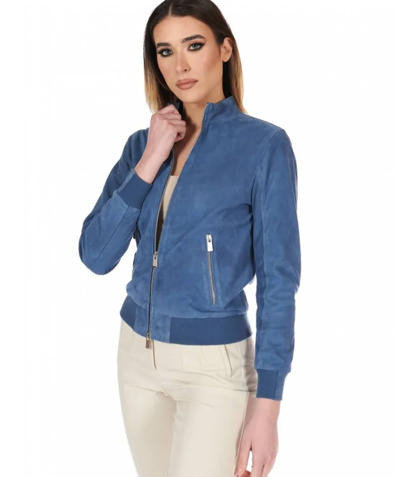 Donna D'Arienzo G154 - Bomber in pelle camoscio blu denim colletto coreana