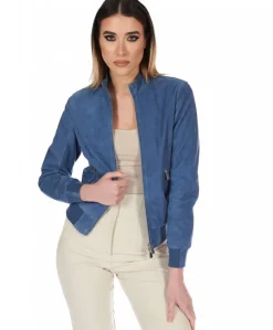 Donna D'Arienzo G154 - Bomber in pelle camoscio blu denim colletto coreana