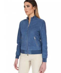 Donna D'Arienzo G154 - Bomber in pelle camoscio blu denim colletto coreana