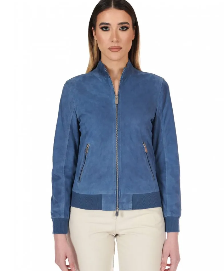 Donna D'Arienzo G154 - Bomber in pelle camoscio blu denim colletto coreana