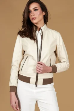 Donna D'Arienzo G154 - Bomber in pelle color crema con profili color fango
