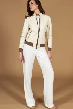 Donna D'Arienzo G154 - Bomber in pelle color crema con profili color fango