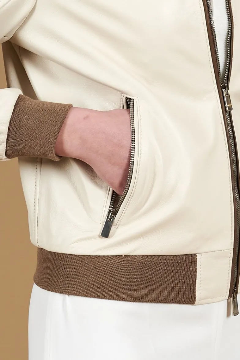 Donna D'Arienzo G154 - Bomber in pelle color crema con profili color fango