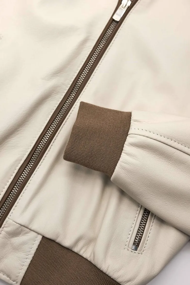 Donna D'Arienzo G154 - Bomber in pelle color crema con profili color fango