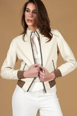 Donna D'Arienzo G154 - Bomber in pelle color crema con profili color fango