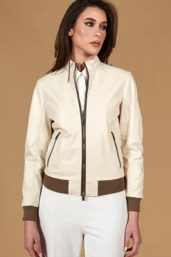 Donna D'Arienzo G154 - Bomber in pelle color crema con profili color fango