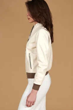 Donna D'Arienzo G154 - Bomber in pelle color crema con profili color fango