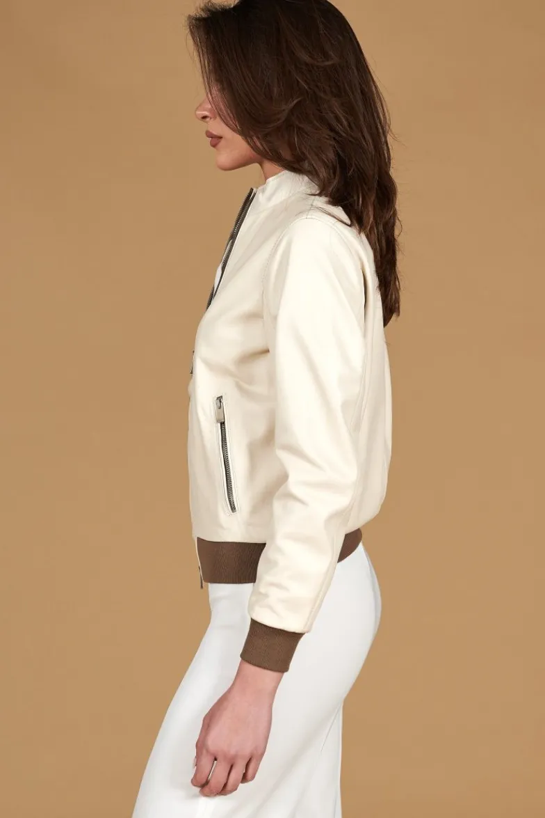 Donna D'Arienzo G154 - Bomber in pelle color crema con profili color fango