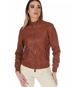 Donna D'Arienzo G154 - Bomber in pelle color cuoio effetto liscio