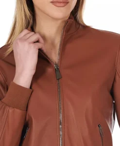 Donna D'Arienzo G154 - Bomber in pelle color cuoio effetto liscio