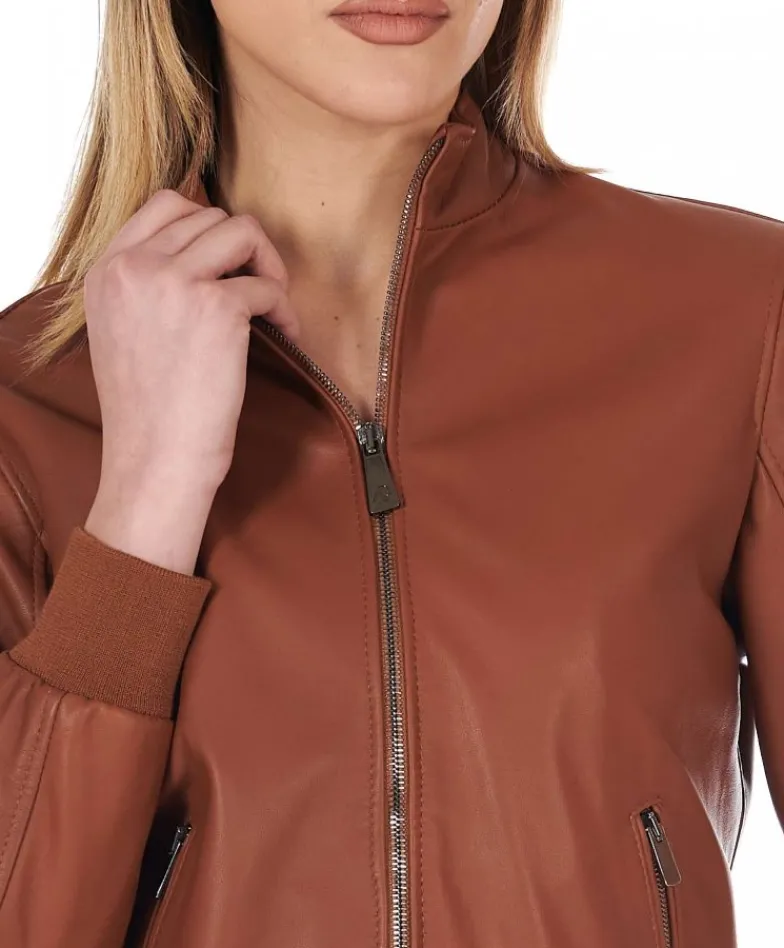 Donna D'Arienzo G154 - Bomber in pelle color cuoio effetto liscio