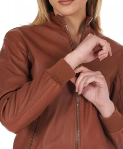 Donna D'Arienzo G154 - Bomber in pelle color cuoio effetto liscio