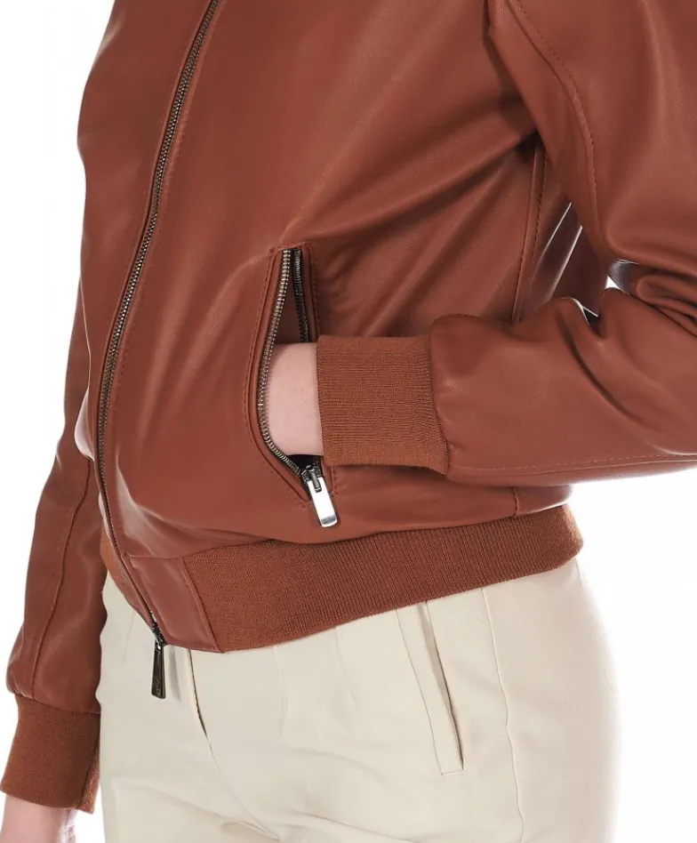 Donna D'Arienzo G154 - Bomber in pelle color cuoio effetto liscio
