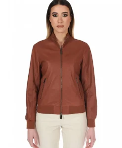 Donna D'Arienzo G154 - Bomber in pelle color cuoio effetto liscio
