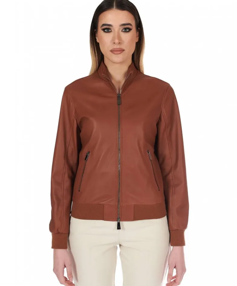 Donna D'Arienzo G154 - Bomber in pelle color cuoio effetto liscio