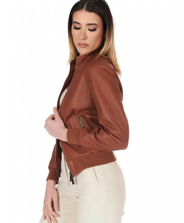 Donna D'Arienzo G154 - Bomber in pelle color cuoio effetto liscio