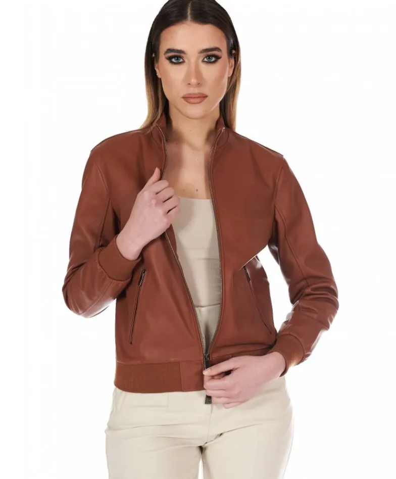 Donna D'Arienzo G154 - Bomber in pelle color cuoio effetto liscio