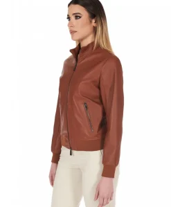 Donna D'Arienzo G154 - Bomber in pelle color cuoio effetto liscio