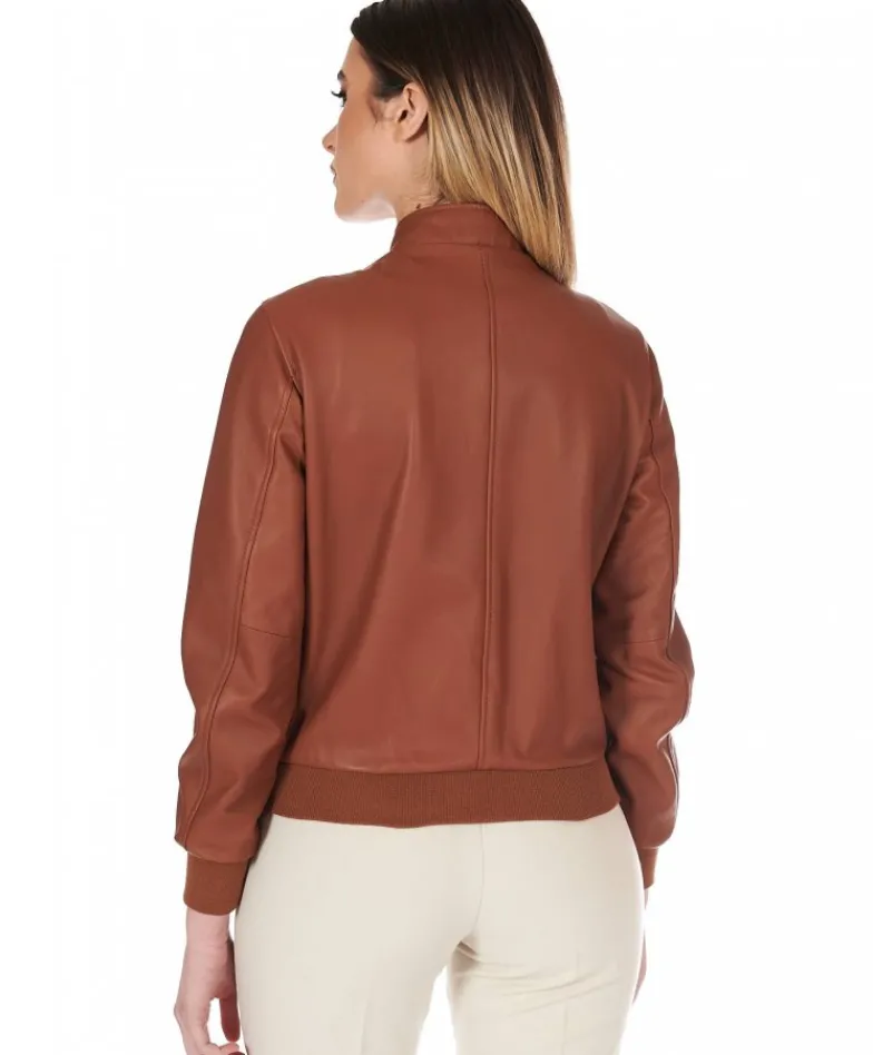 Donna D'Arienzo G154 - Bomber in pelle color cuoio effetto liscio