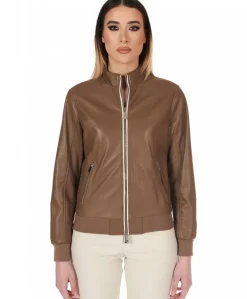 Donna D'Arienzo G154 - Bomber in pelle color fango effetto liscio profili crema