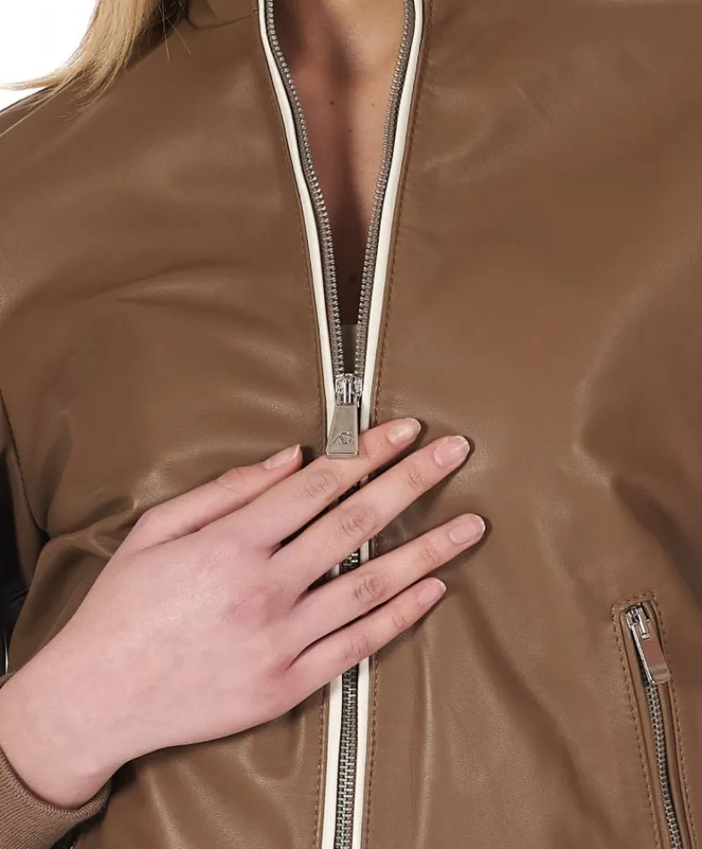 Donna D'Arienzo G154 - Bomber in pelle color fango effetto liscio profili crema