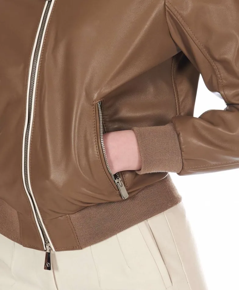 Donna D'Arienzo G154 - Bomber in pelle color fango effetto liscio profili crema