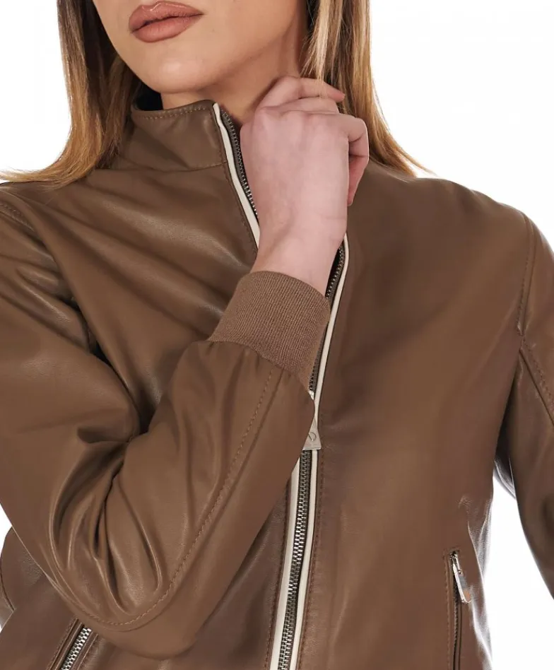 Donna D'Arienzo G154 - Bomber in pelle color fango effetto liscio profili crema