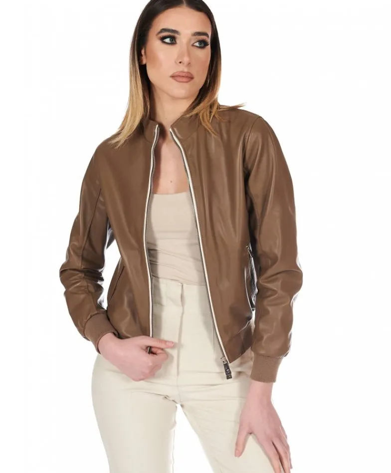 Donna D'Arienzo G154 - Bomber in pelle color fango effetto liscio profili crema